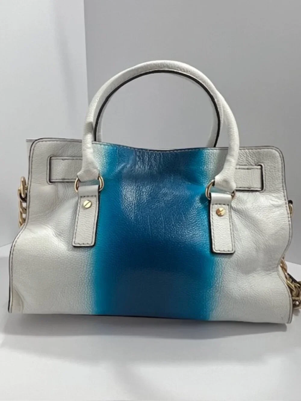 MICHAEL KORS HAMILTON EAST WEST WHITE/BLUE LOCK & KEY LEATHER SATCHEL MEDIUM EUC - Picture 4 of 15